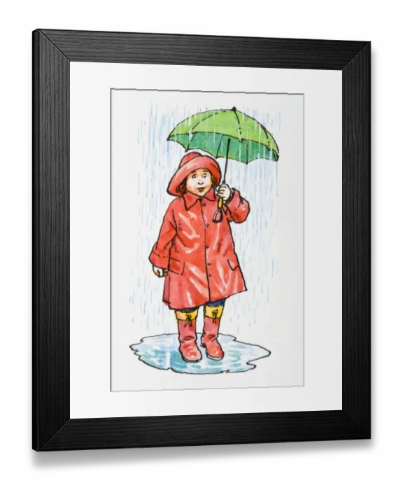Framed Print : Illustration of of child standing in puddle holding umbrella above head wearing raincoat, rain hat and galoshes in torrential rain storm