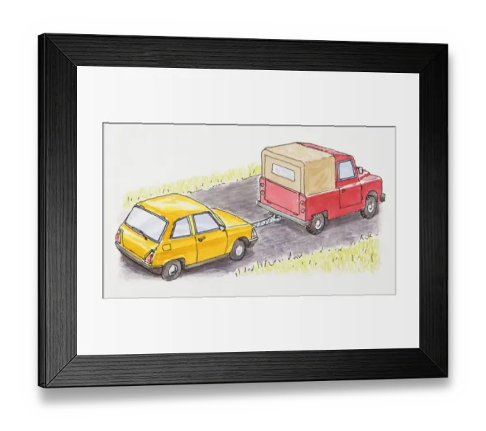 Framed Print : Illustration of red jeep towing yellow car on road Framed Print : Illustration of red jeep towing yellow car on road