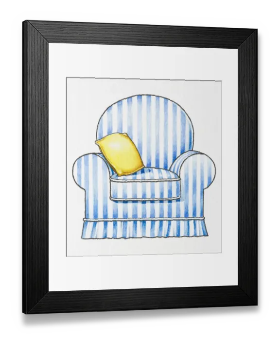 Framed Print : Illustration of blue and white striped armchair and yellow cushion