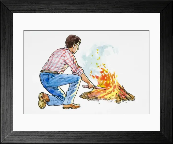 Framed Print : Illustration of man kneeing down to stoke bonfire with stick