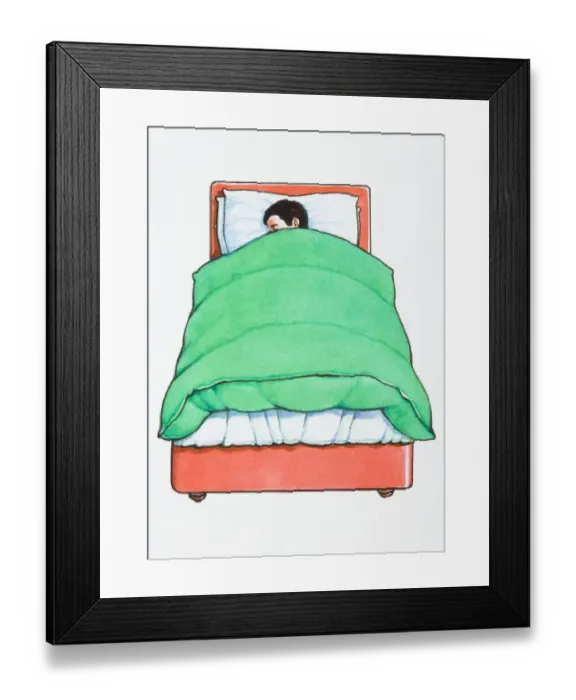 Framed Print : Illustration of boy sleeping in bed below green duvet Framed Print : Illustration of boy sleeping in bed below green duvet