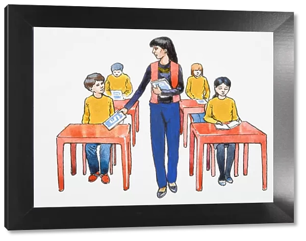 Illustration of teacher giving books to elementary students sitting at desks in classroom