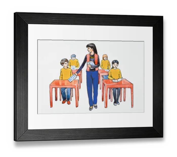 Framed Print : Illustration of teacher giving books to elementary students sitting at desks in classroom Framed Print : Illustration of teacher giving books to elementary students sitting at desks in classroom