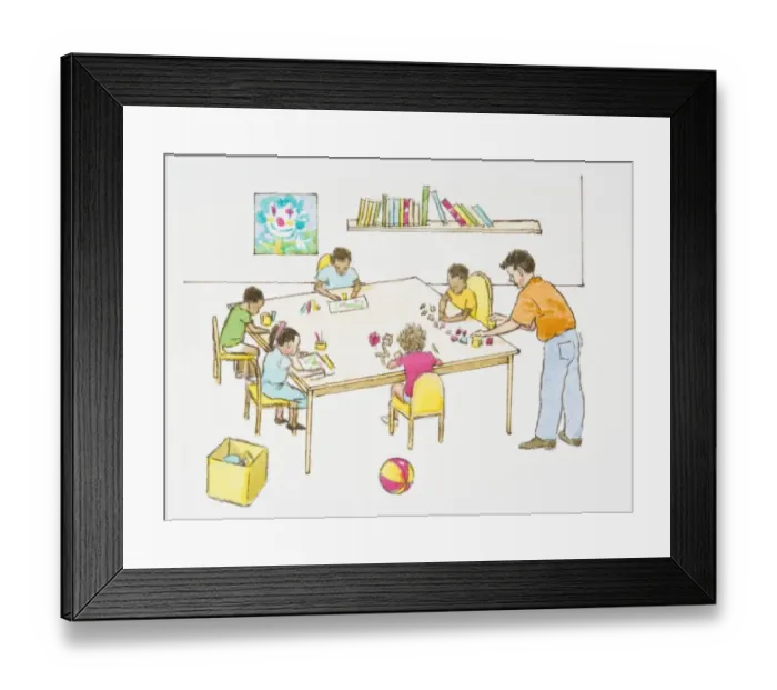 Framed Print : Illustration of teacher standing next to elementary students sitting at table in classroom Framed Print : Illustration of teacher standing next to elementary students sitting at table in classroom