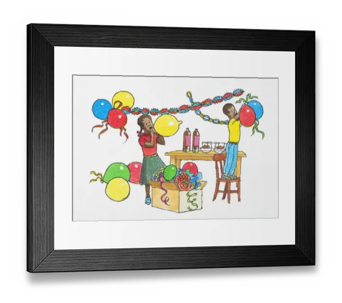 Framed Print : Illustration of boy standing on chair to hang party balloons from streamers and girl inflating balloon Framed Print : Illustration of boy standing on chair to hang party balloons from streamers and girl inflating balloon