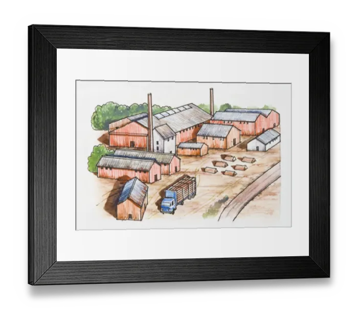 Framed Print : Illustration of rural factory farm buildings and semi-truck