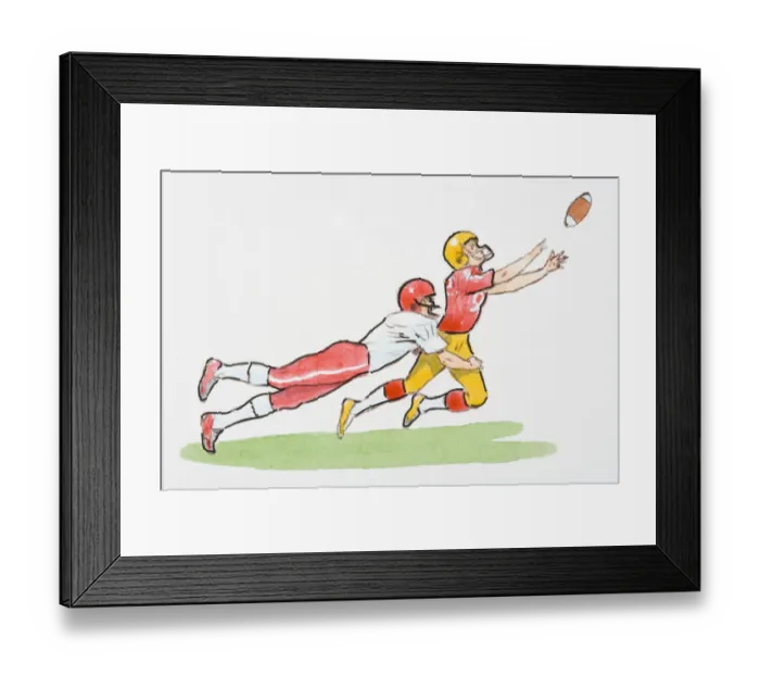 Framed Print : Illustration of American football player tackling opponent in mid-air as he reaches for ball Framed Print : Illustration of American football player tackling opponent in mid-air as he reaches for ball