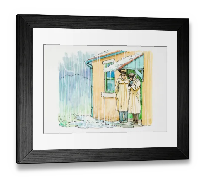 Framed Print : Illustration of two people sheltering from freezing rain storm below porch roof Framed Print : Illustration of two people sheltering from freezing rain storm below porch roof