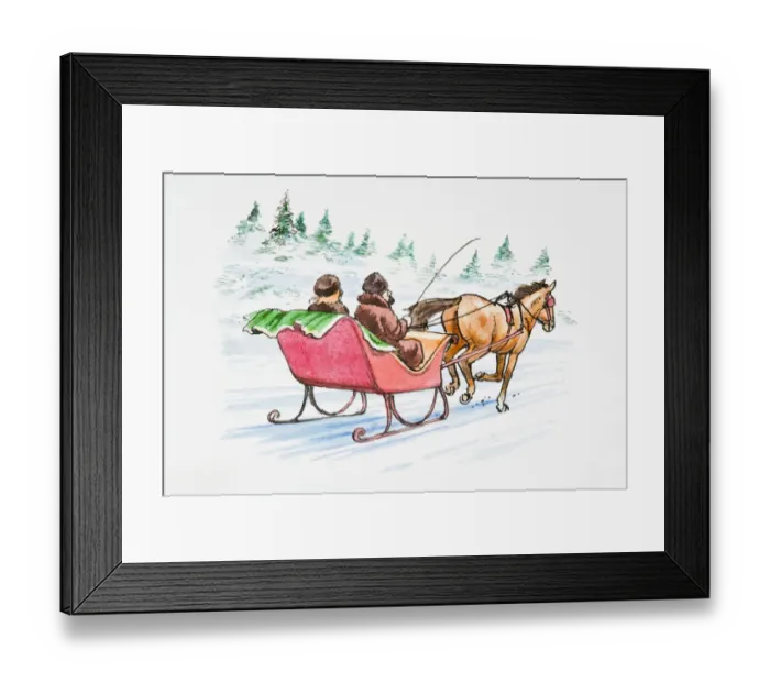 Framed Print : Illustration of couple in horsedrawn sledge in snow Framed Print : Illustration of couple in horsedrawn sledge in snow