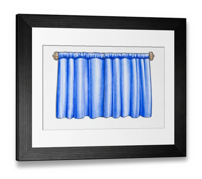 Framed Print : Illustration of closed blue curtains on curtain rail