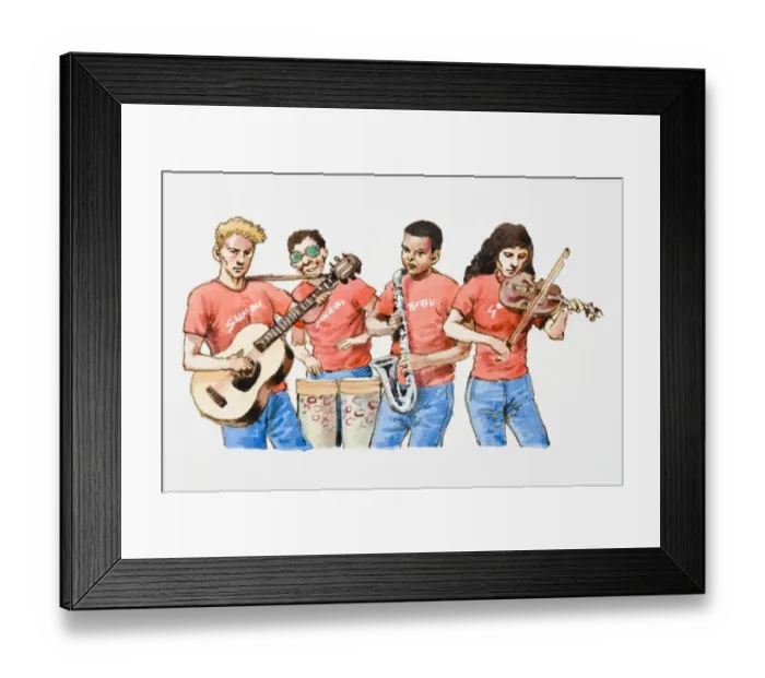 Framed Print : Illustration of group playing guitar, bongo drum, saxophone, and violin Framed Print : Illustration of group playing guitar, bongo drum, saxophone, and violin