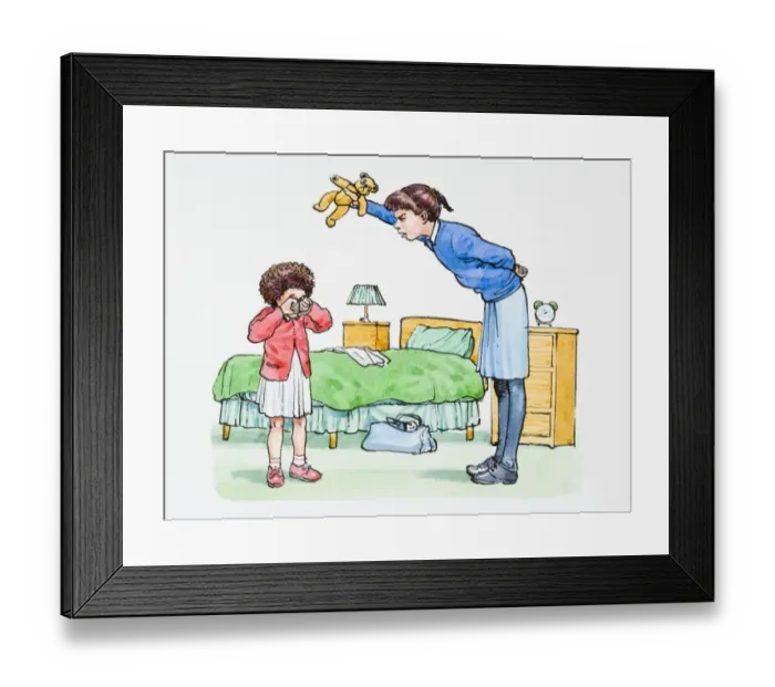 Framed Print : Illustration of sneering teenage girl teasing crying sister by holding teddy bear above her head Framed Print : Illustration of sneering teenage girl teasing crying sister by holding teddy bear above her head