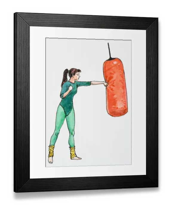 Framed Print : Illustration of woman wearing leotard punching punching bag