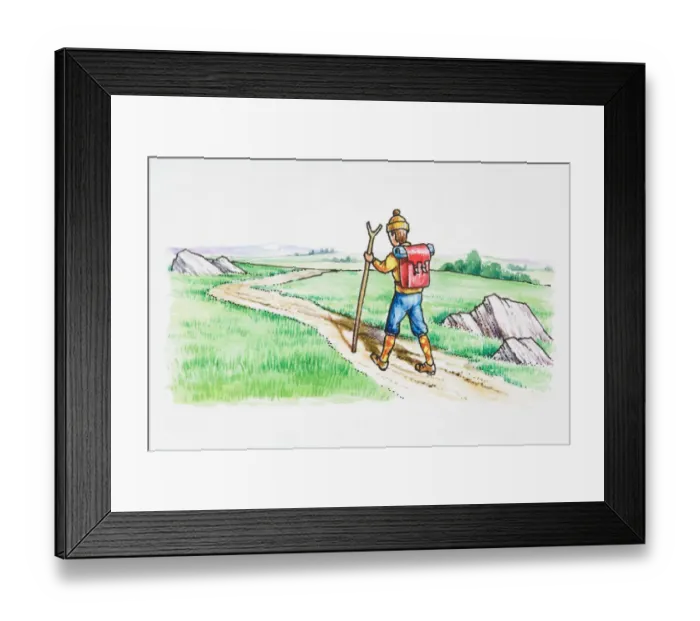 Framed Print : Illustration of man carrying backpack hiking on dirt road winding through countryside Framed Print : Illustration of man carrying backpack hiking on dirt road winding through countryside