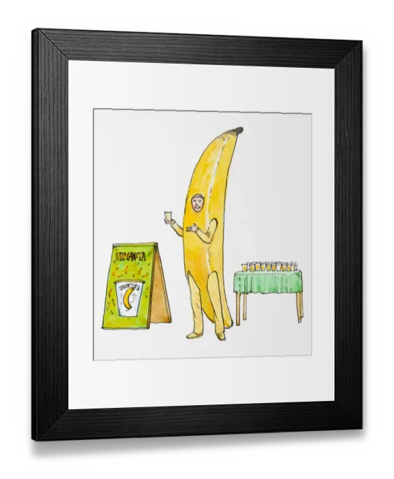 Framed Print : Illustration of smiling man wearing banana costume pointing at glass of juice held in hand, next to table of drinks and sandwich board Framed Print : Illustration of smiling man wearing banana costume pointing at glass of juice held in hand, next to table of drinks and sandwich board