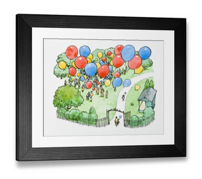 Framed Print : Illustration of crowd standing park releasing multi coloured balloons into the air Framed Print : Illustration of crowd standing park releasing multi coloured balloons into the air