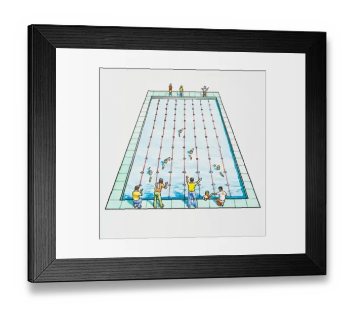 Framed Print : Illustration of fathers standing at edge of swimming pool supporting children in race Framed Print : Illustration of fathers standing at edge of swimming pool supporting children in race