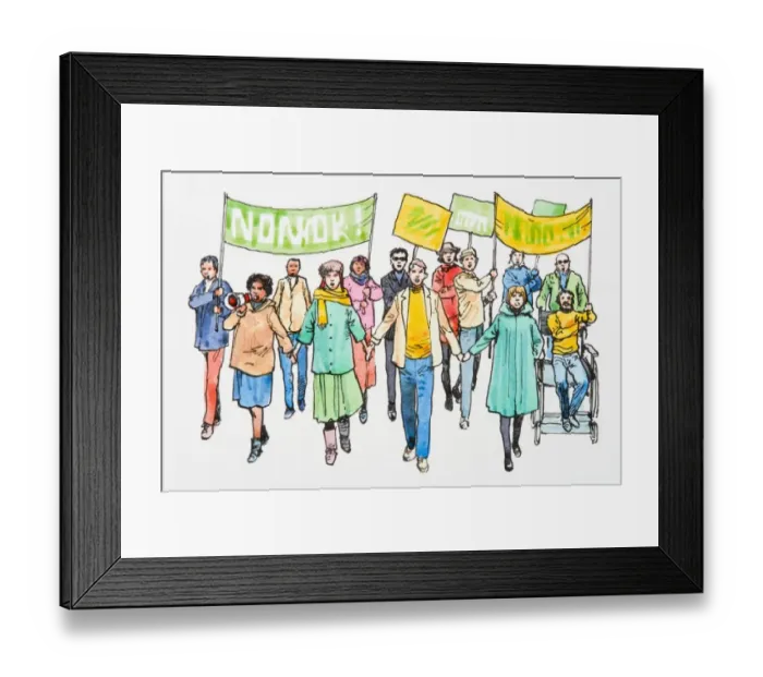 Framed Print : Illustration of people protesting, including man in wheelchair and woman using megaphone Framed Print : Illustration of people protesting, including man in wheelchair and woman using megaphone