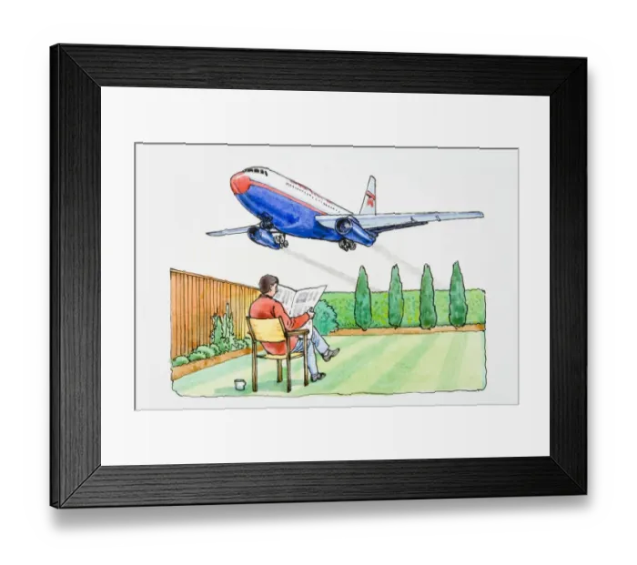 Framed Print : Illustration of man sitting in chair on lawn in garden reading newspaper as commercial airliner flies low above