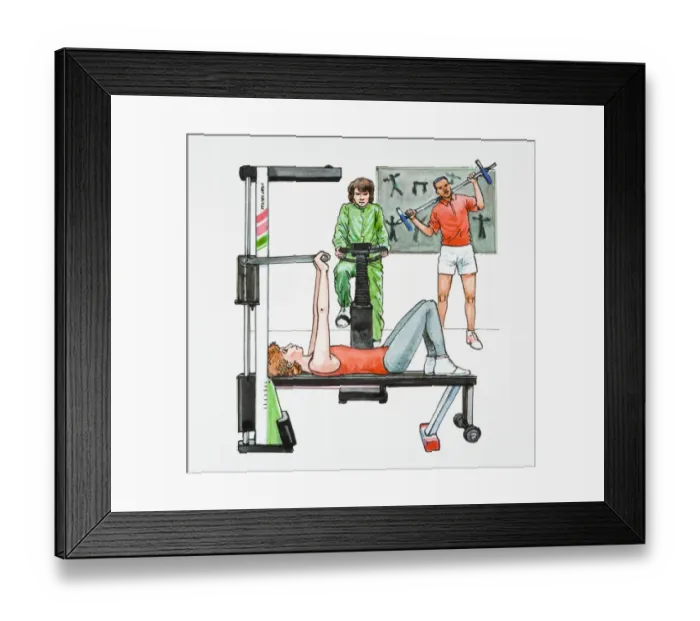 Framed Print : Illustration of people exercising in gym using strength training bench, exercise bike, and weightlifting Framed Print : Illustration of people exercising in gym using strength training bench, exercise bike, and weightlifting