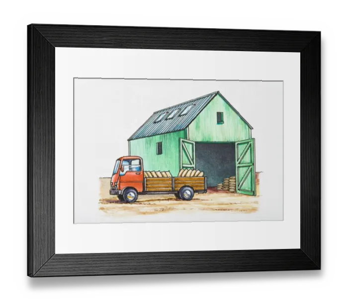 Framed Print : Illustration of sacks in back of stationary pick-up truck near barn with open doors