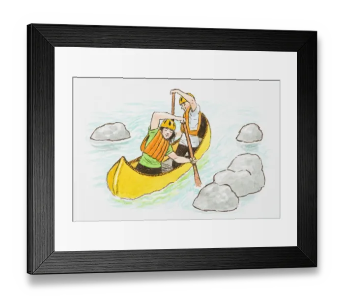 Framed Print : Illustration of teenagers wearing hardhats paddling yellow canoe between rocks on river