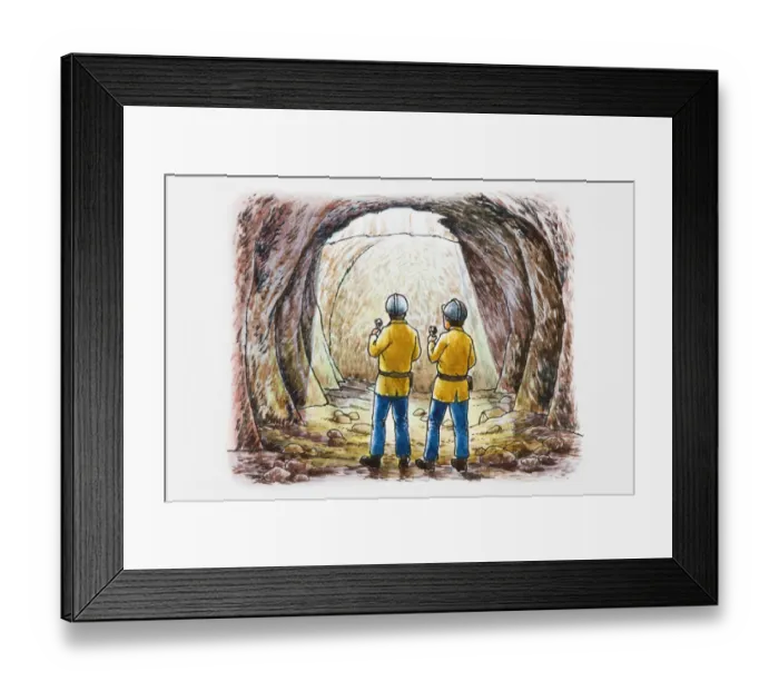 Framed Print : Illustration of two people illuminating inside of cave with flashlights Framed Print : Illustration of two people illuminating inside of cave with flashlights