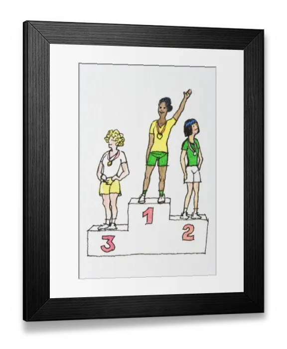 Framed Print : Cartoon of winner with arm raised standing on podium with two medalists Framed Print : Cartoon of winner with arm raised standing on podium with two medalists