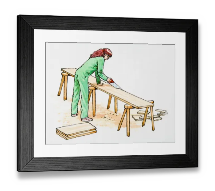 Framed Print : Illustration of woman bending over workbench sawing plank of wood Framed Print : Illustration of woman bending over workbench sawing plank of wood