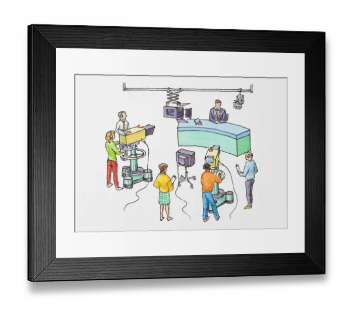 Framed Print : Illustration of newscaster sitting in front of cameras in television studio Framed Print : Illustration of newscaster sitting in front of cameras in television studio