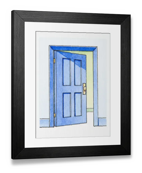 Framed Print : Illustration of ajar blue door in house Framed Print : Illustration of ajar blue door in house
