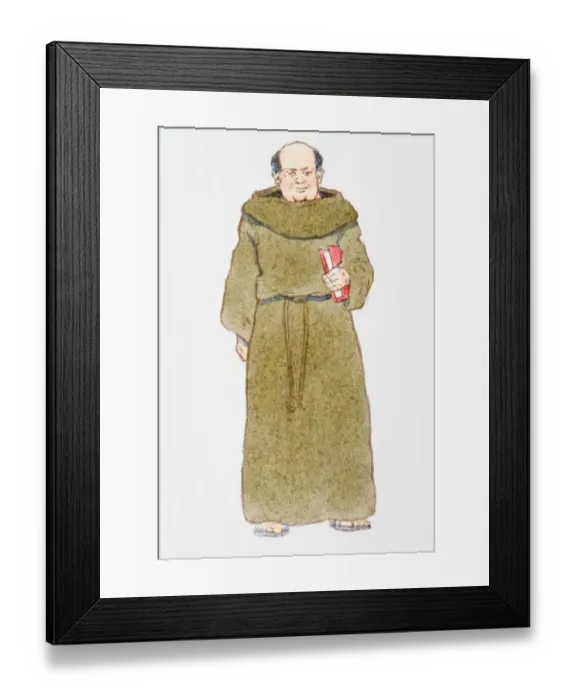 Framed Print : Illustration of friar wearing brown habit with flax rope belt, holding red book