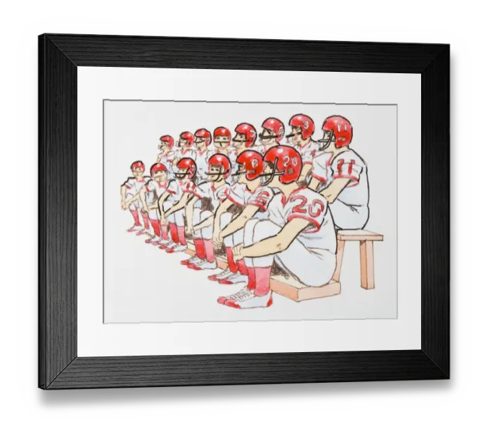 Framed Print : Illustration of American football team sitting in rows on benches Framed Print : Illustration of American football team sitting in rows on benches