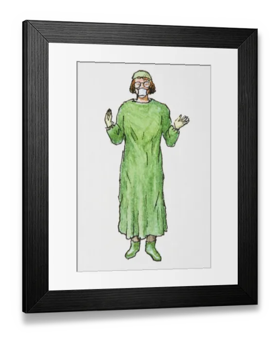 Framed Print : Illustration of female surgeon wearing green operating gown, hat and boots, white surgical mask, and glasses