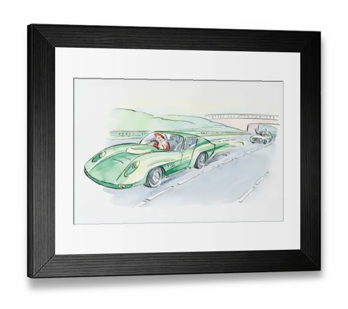 Framed Print : Cartoon of slow police car chasing laughing motorist speeding in sports car on road Framed Print : Cartoon of slow police car chasing laughing motorist speeding in sports car on road