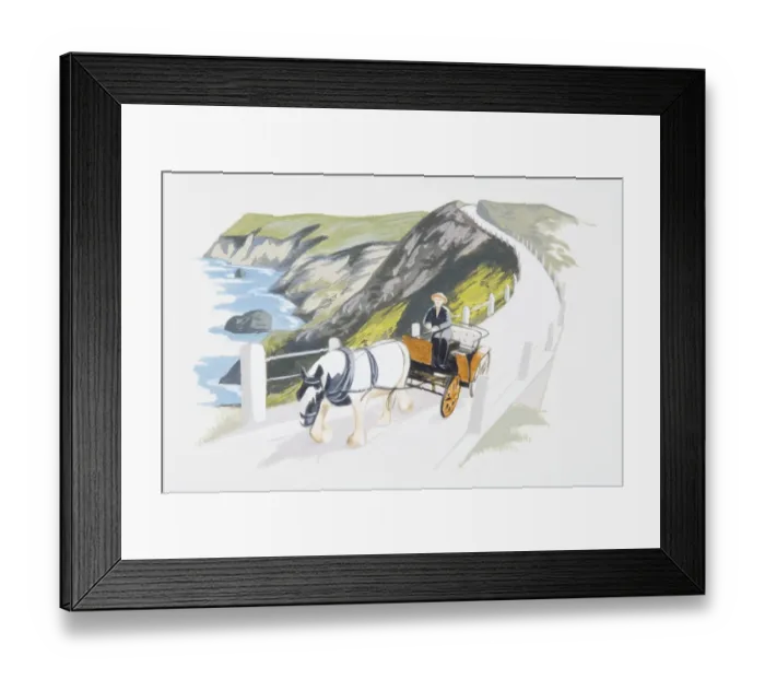 Framed Print : Illustration of horse and cart on coastal road above cliffs Framed Print : Illustration of horse and cart on coastal road above cliffs