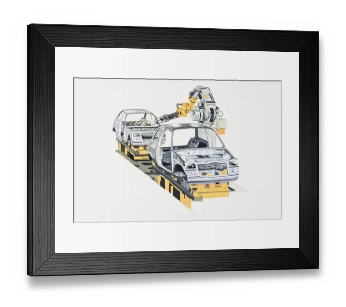 Framed Print : Illustration of robots building cars on factory production line Framed Print : Illustration of robots building cars on factory production line