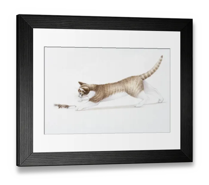 Framed Print : Illustration of brown and white cat (Felis catus) chasing House Mouse (Mus musculus) Framed Print : Illustration of brown and white cat (Felis catus) chasing House Mouse (Mus musculus)