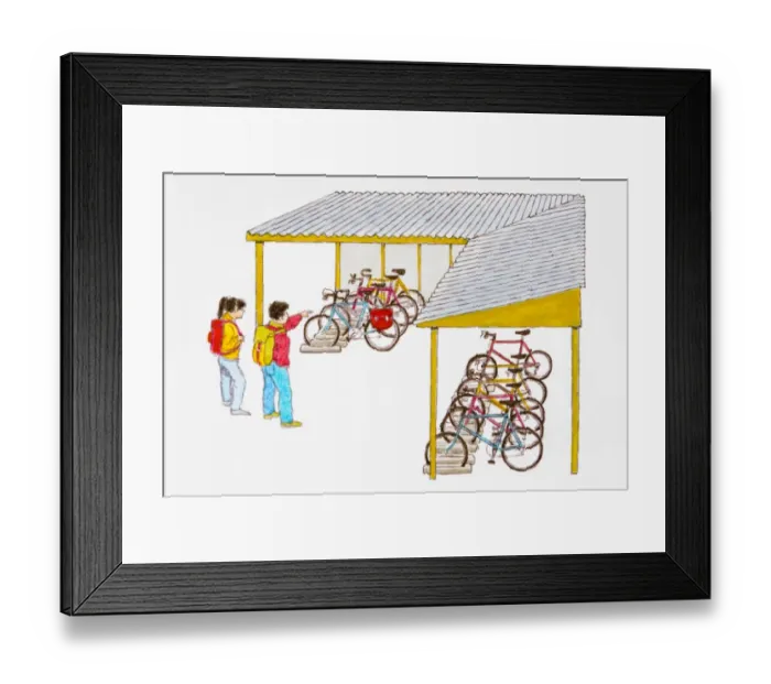 Framed Print : Boy and girl standing outside bicycle shelter