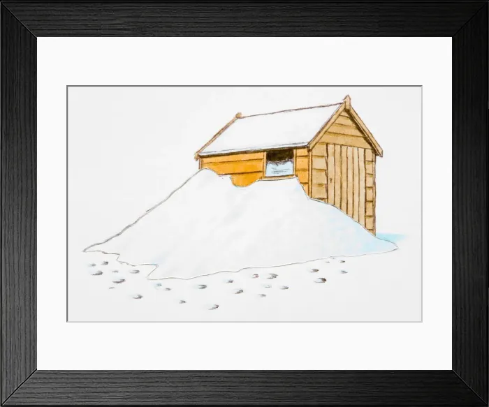 Framed Print : Shed covered in snow, footprints