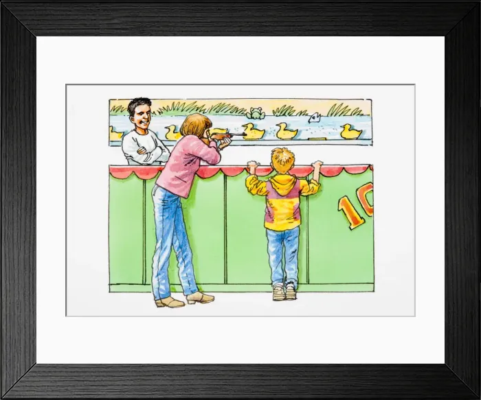 Framed Print : Girl at funfair stall shooting at ducks, boy and man watching Framed Print : Girl at funfair stall shooting at ducks, boy and man watching