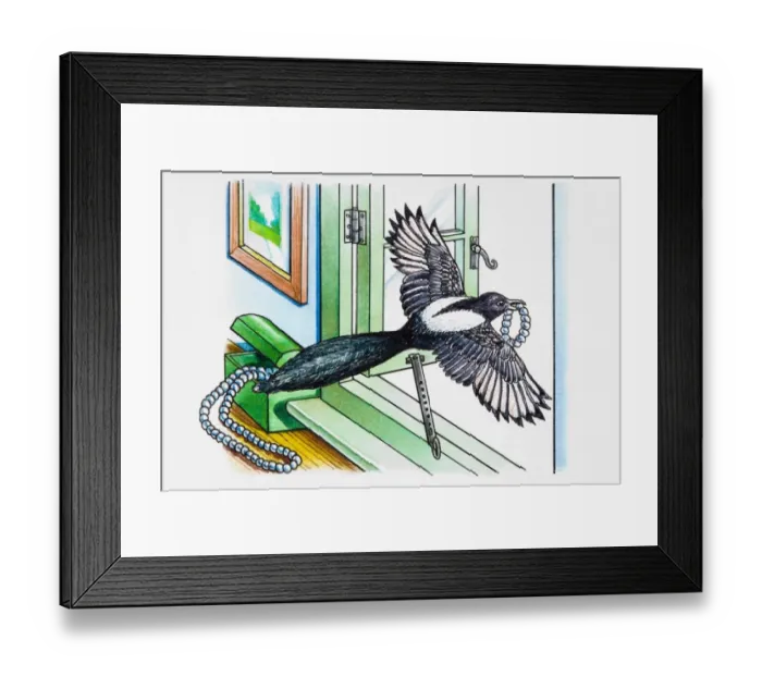 Framed Print : Magpie flying away through open window with piece of jewellery in its beak Framed Print : Magpie flying away through open window with piece of jewellery in its beak