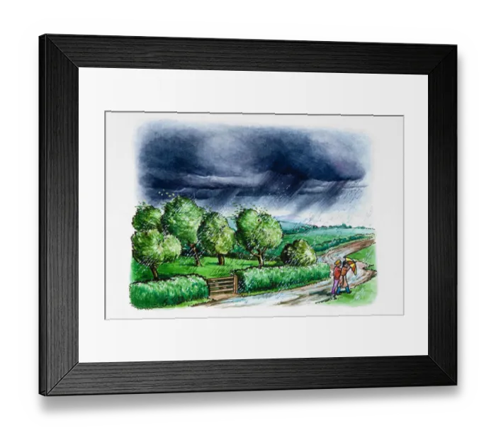 Framed Print : Rainstorm above rural landscape, two people walking with umbrella Framed Print : Rainstorm above rural landscape, two people walking with umbrella