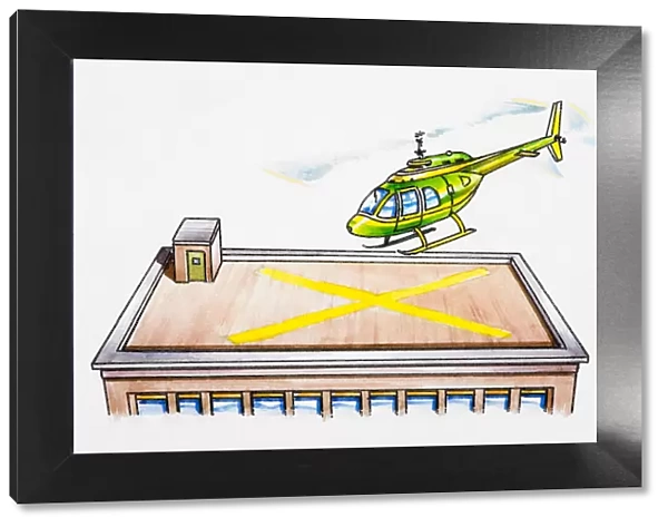 Helicopter landing on helipad on top of building