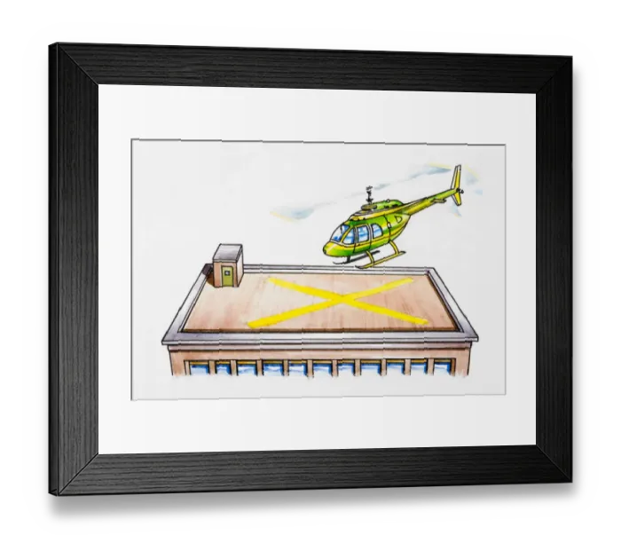 Framed Print : Helicopter landing on helipad on top of building Framed Print : Helicopter landing on helipad on top of building
