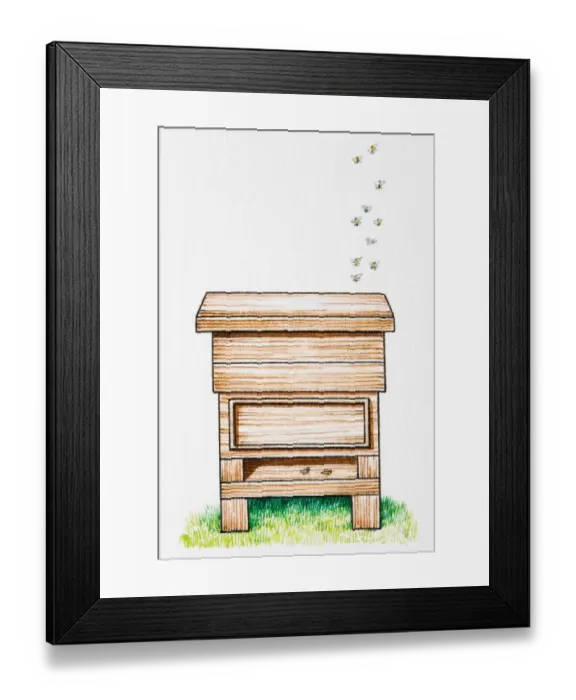 Framed Print : Bees above wooden beehive Framed Print : Bees above wooden beehive