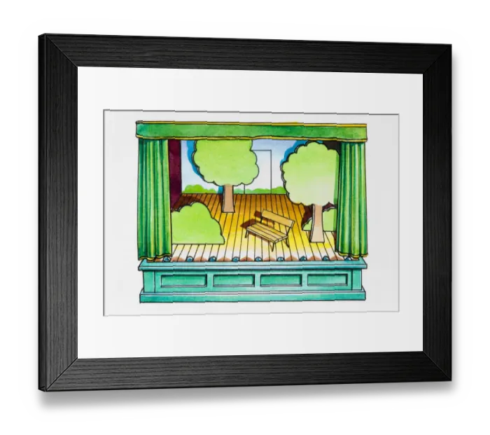 Framed Print : Stage set showing trees and empty bench Framed Print : Stage set showing trees and empty bench