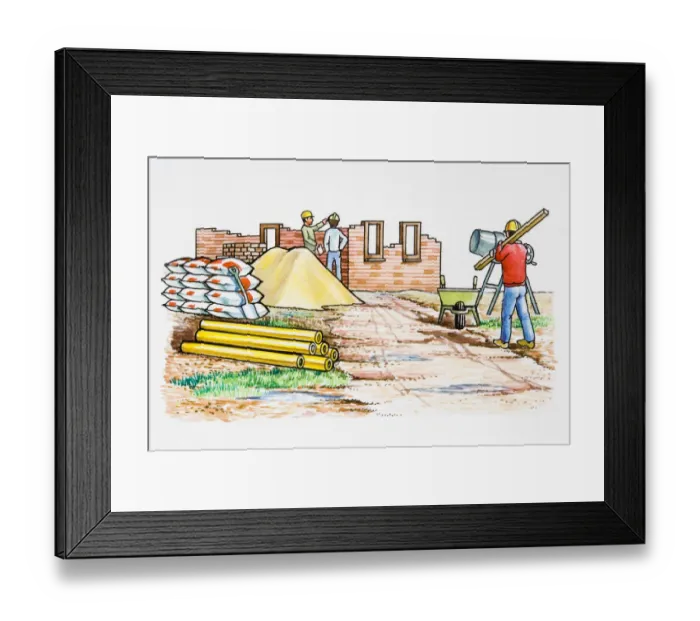 Framed Print : Three men working on building site