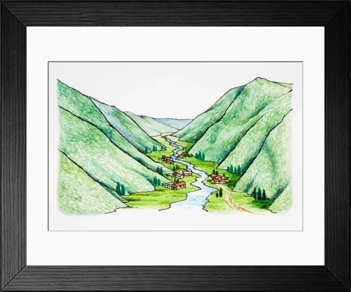 Framed Print : River and houses at bottom of valley Framed Print : River and houses at bottom of valley