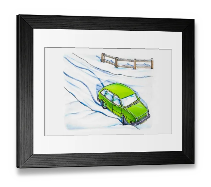 Framed Print : Car stuck on snow-covered road